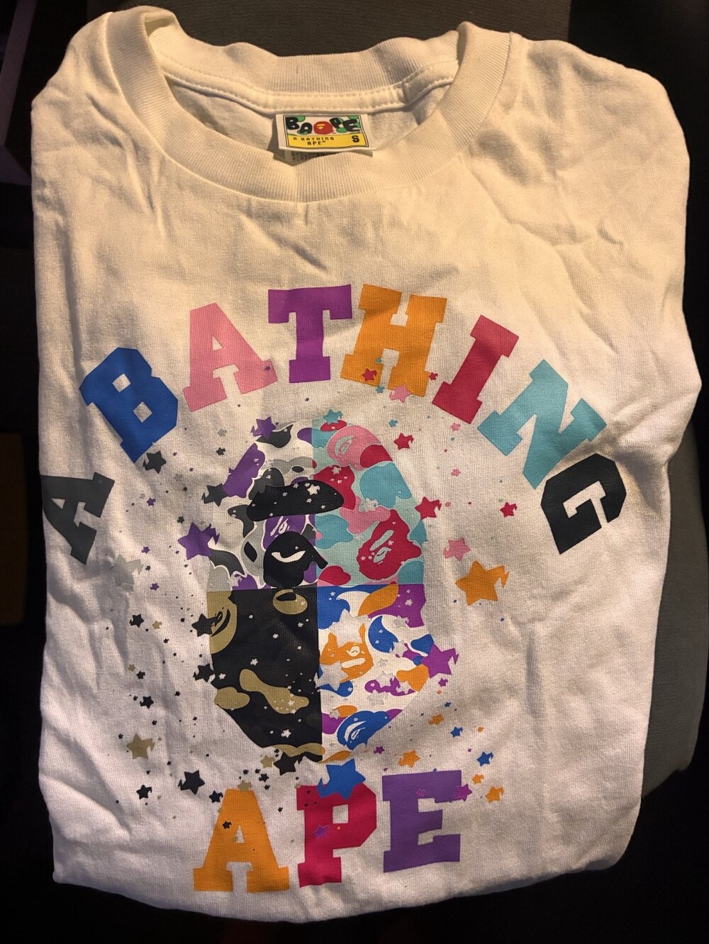 Bape White Short-Sleeve Logo Tee with Black Graphic Stamps